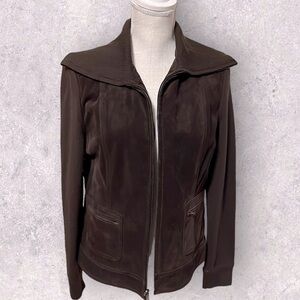 Ann Taylor brown suede jacket with knit sleeves. Sz medium